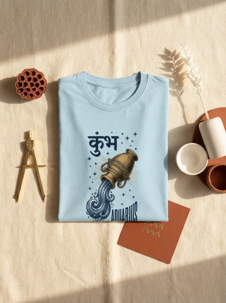 Aquarius zodiac t-shirt neatly folded on a warm cream surface with burnt sienna and white decorative accents.