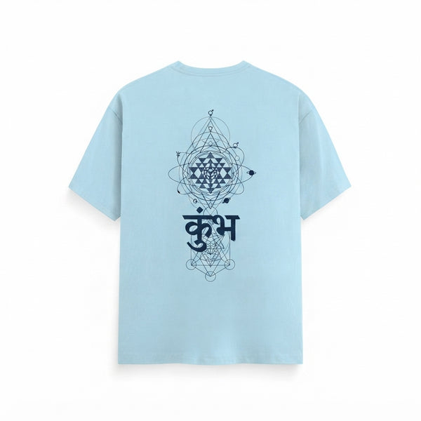 A close-up circular shot of a streetwear t-shirt with a glowing sacred geometry design worn by a young South Asian model.