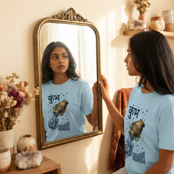 A young South Asian woman looks at her reflection in a brass mirror while wearing a modern zodiac t-shirt in a sunlit room.